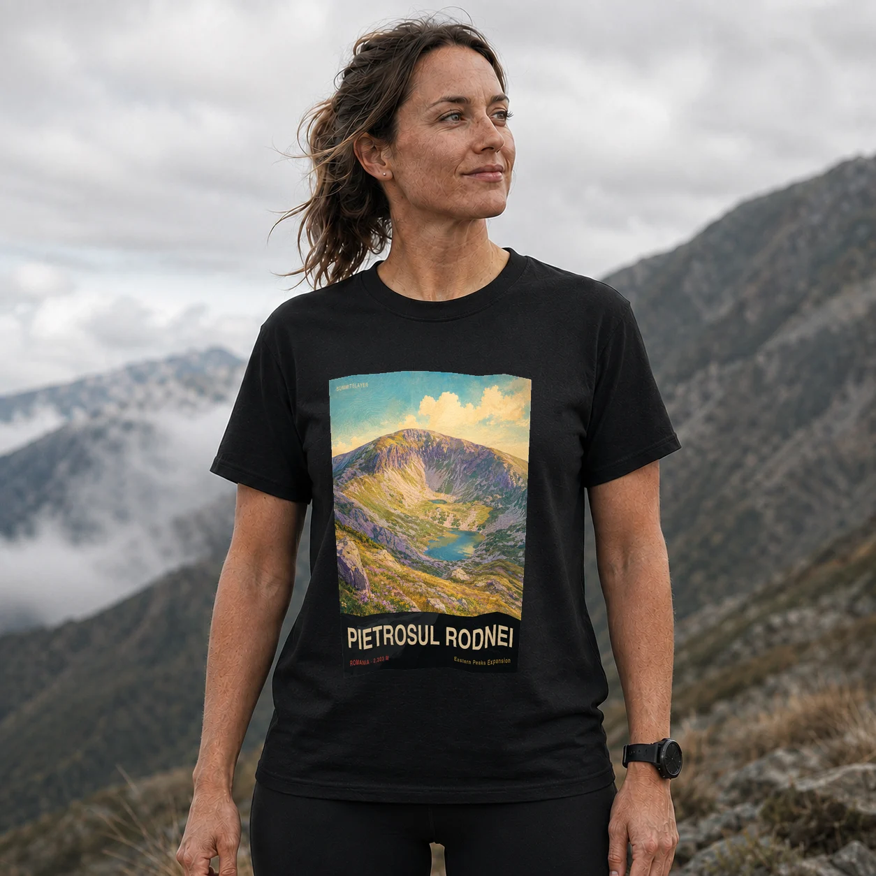 Black Pietrosul Rodnei T-shirt front with mountain artwork