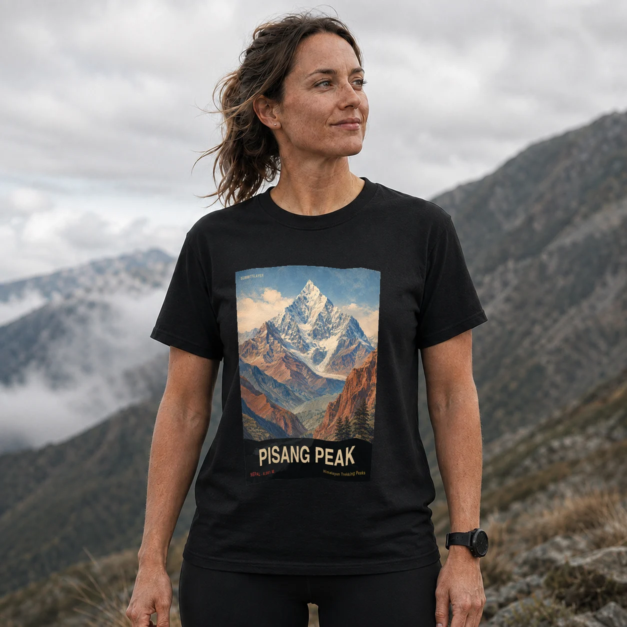 Black Pisang Peak T-shirt front with mountain artwork