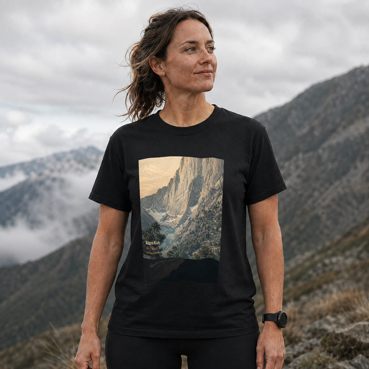 Black Alam-Kuh T-shirt front with mountain artwork