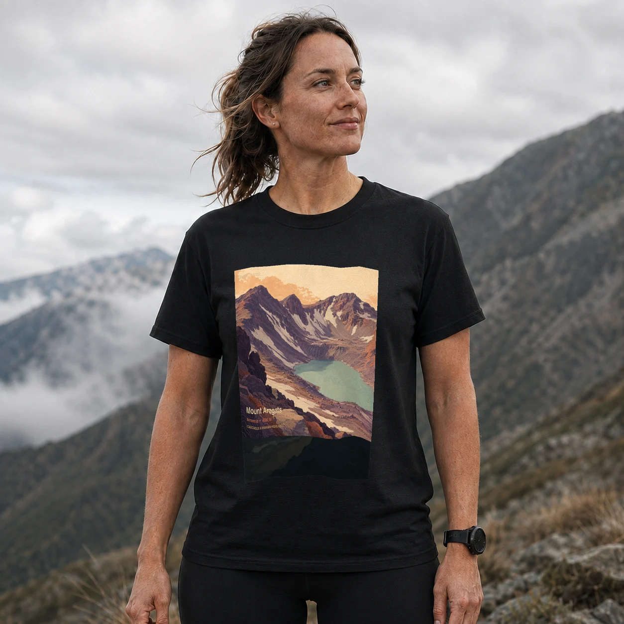 Black Mount Aragats T-shirt front with mountain artwork