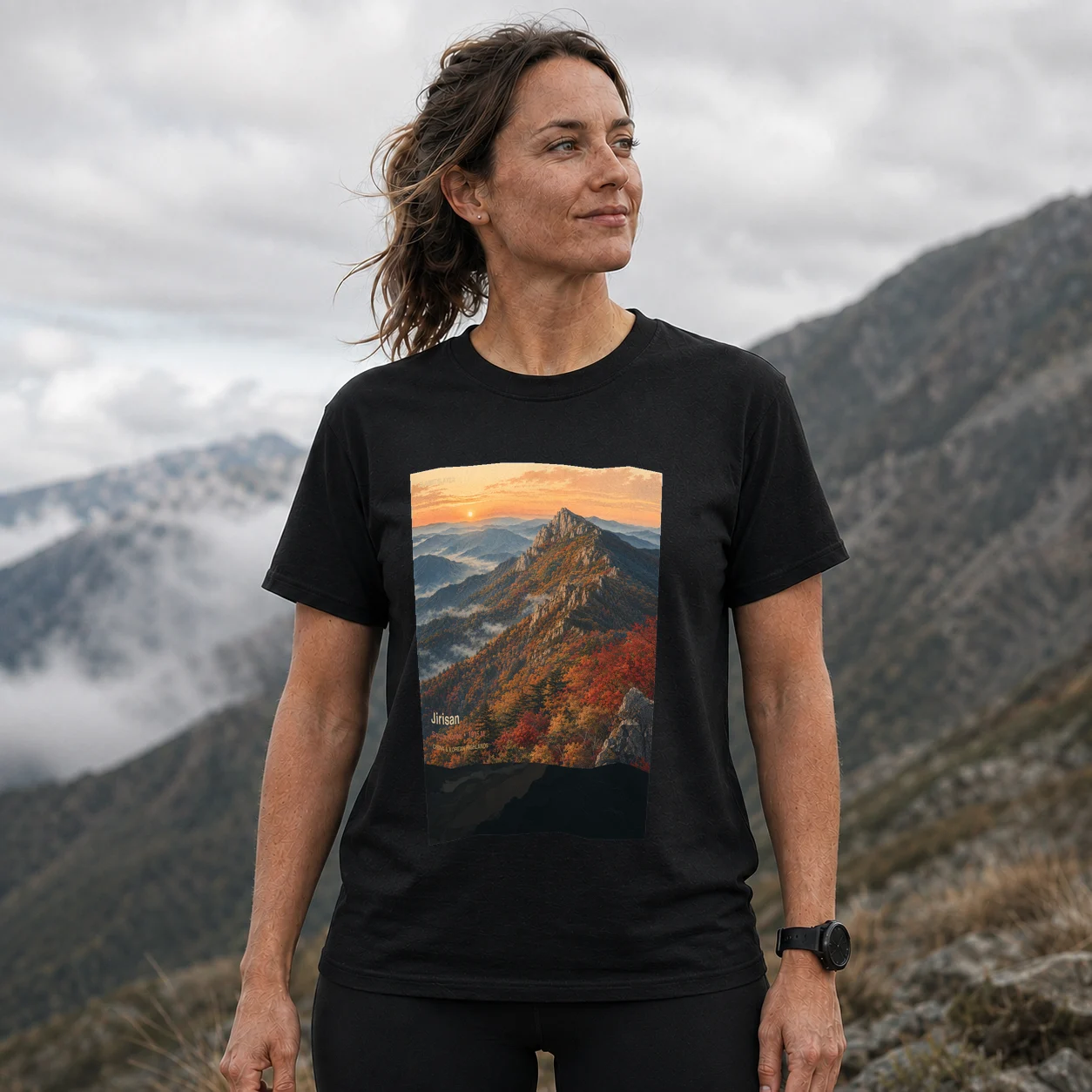 Black Jirisan T-shirt front with mountain artwork