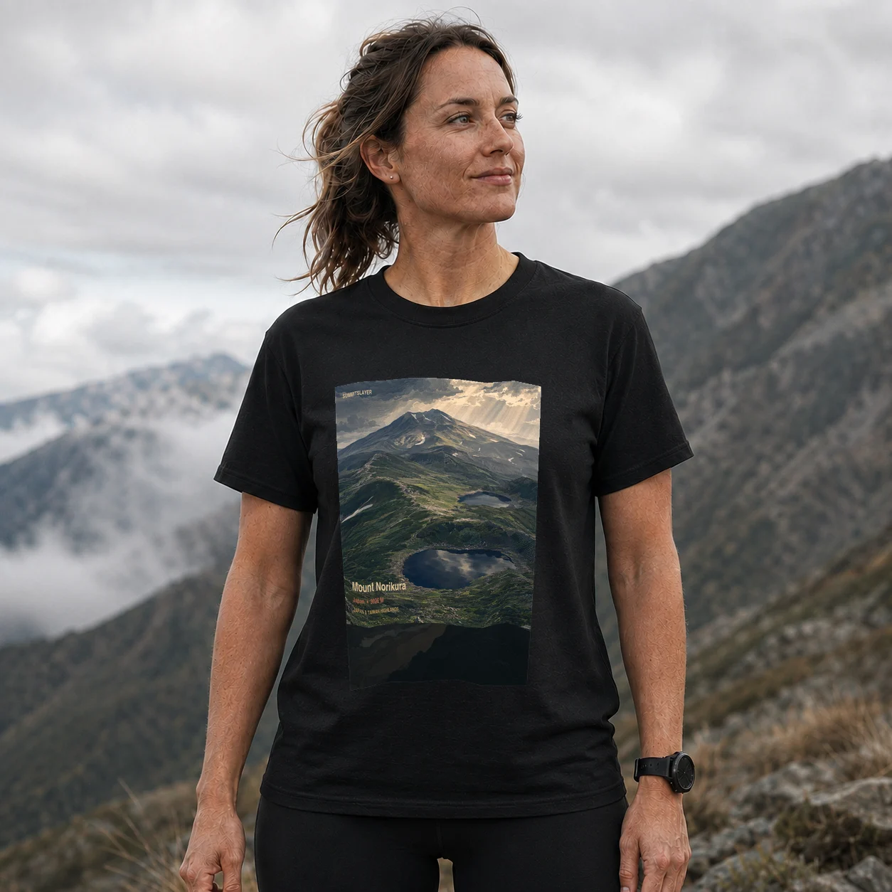 Black Mount Norikura T-shirt front with mountain artwork