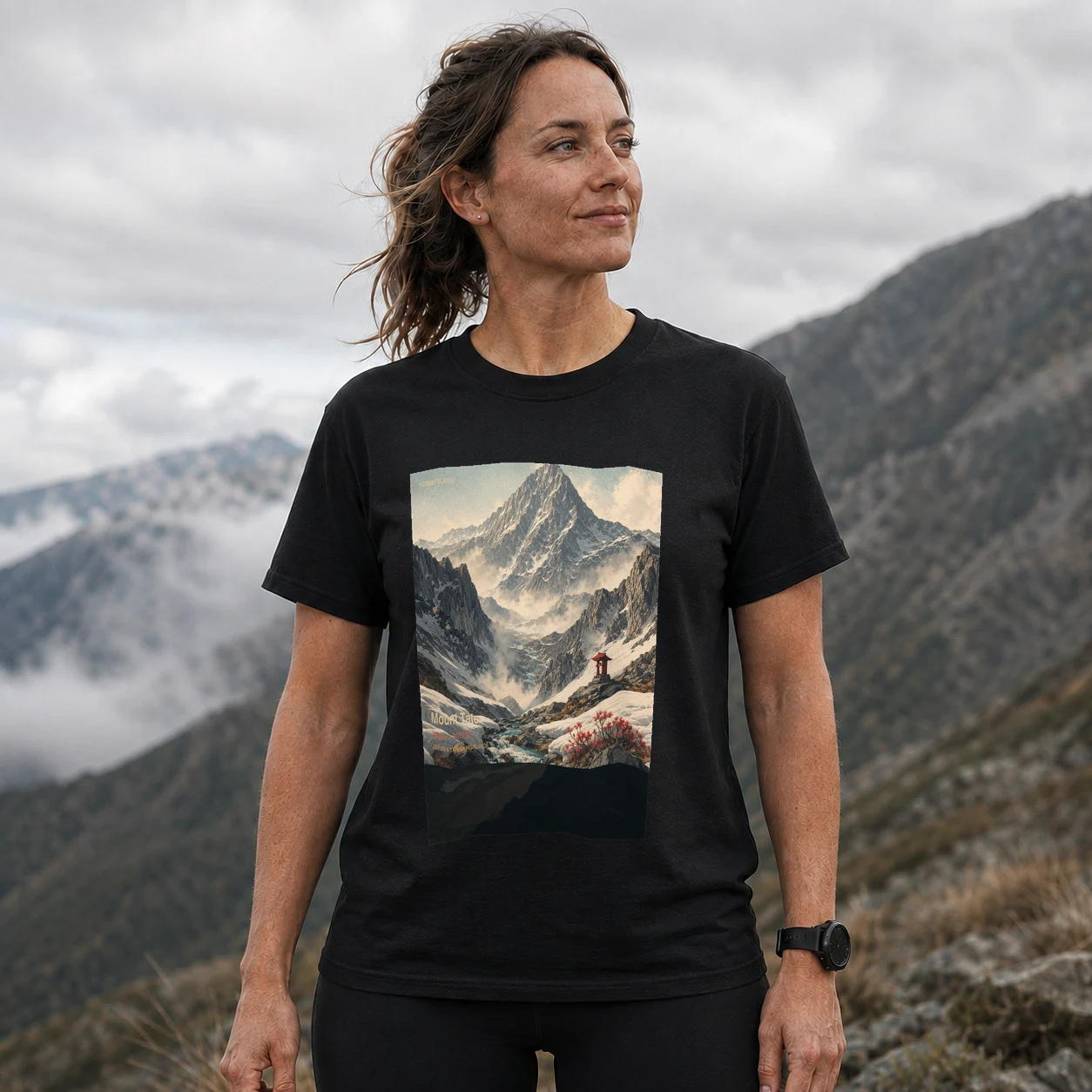 Black Mount Tate T-shirt front with mountain artwork