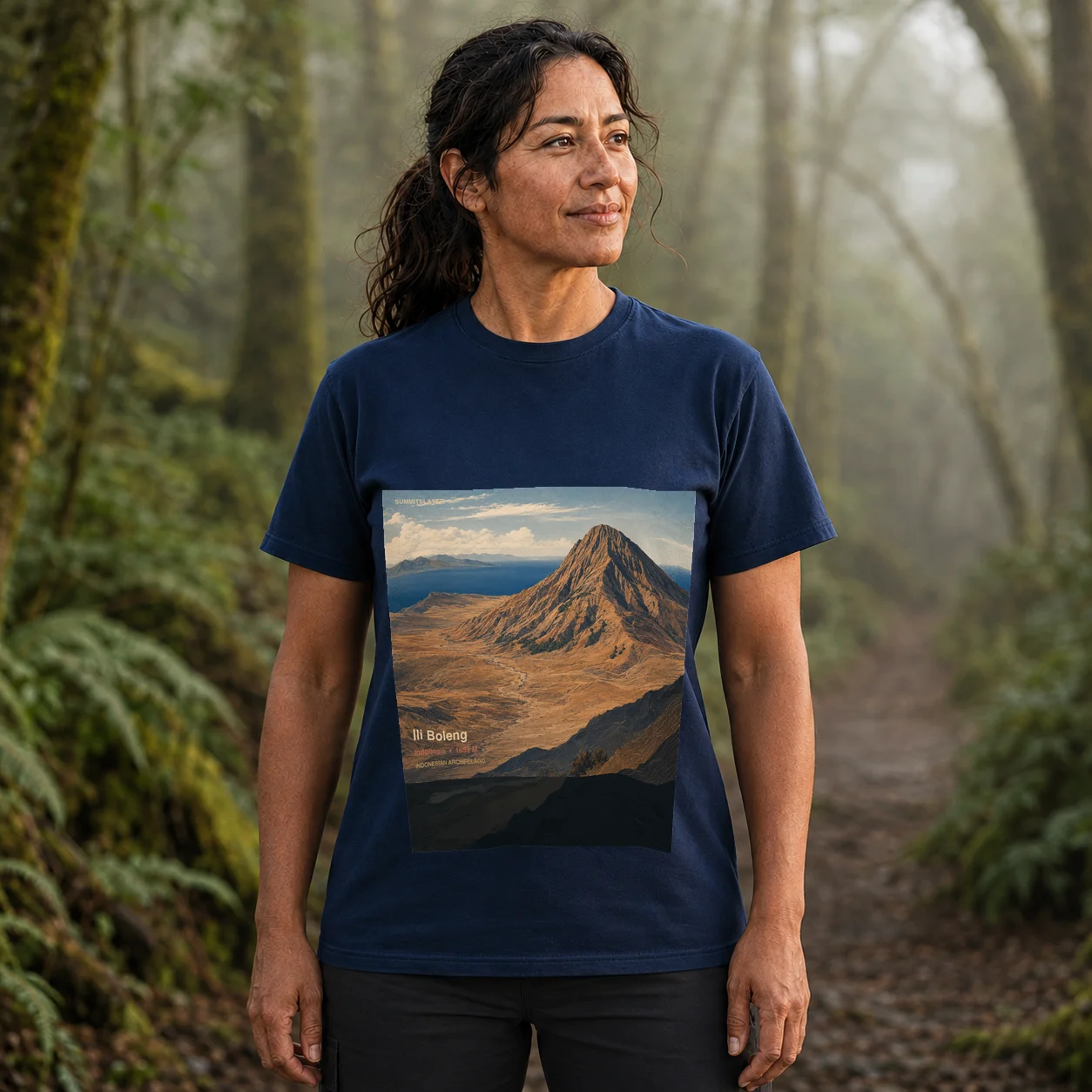 Navy Ili Boleng T-shirt front with mountain artwork