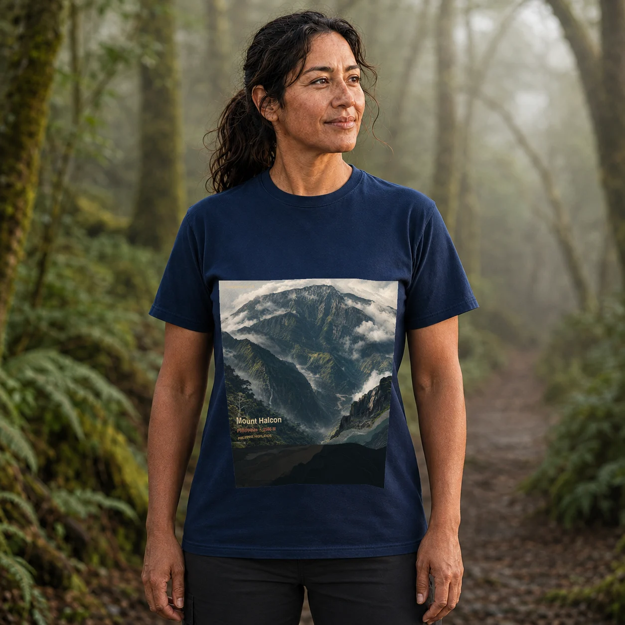 Navy Mount Halcon T-shirt front with mountain artwork
