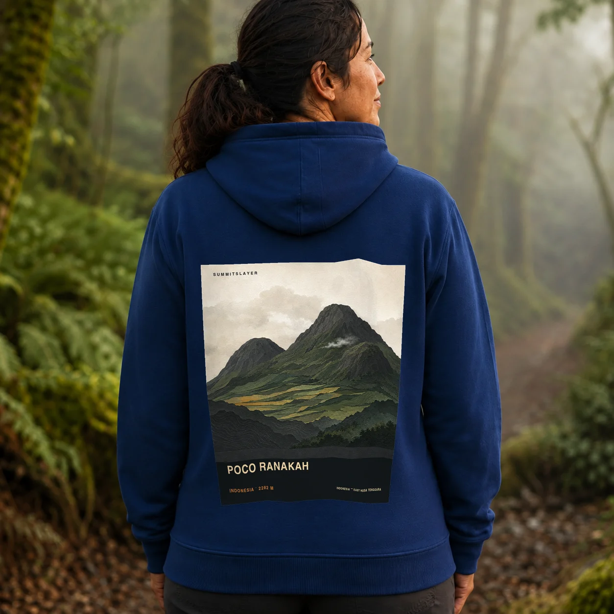 Navy Anak Ranakah hoodie back with large mountain artwork