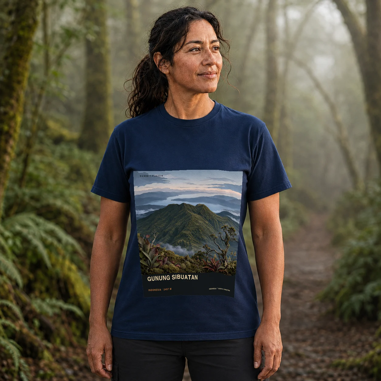 Navy Deleng Sibuaten T-shirt front with mountain artwork