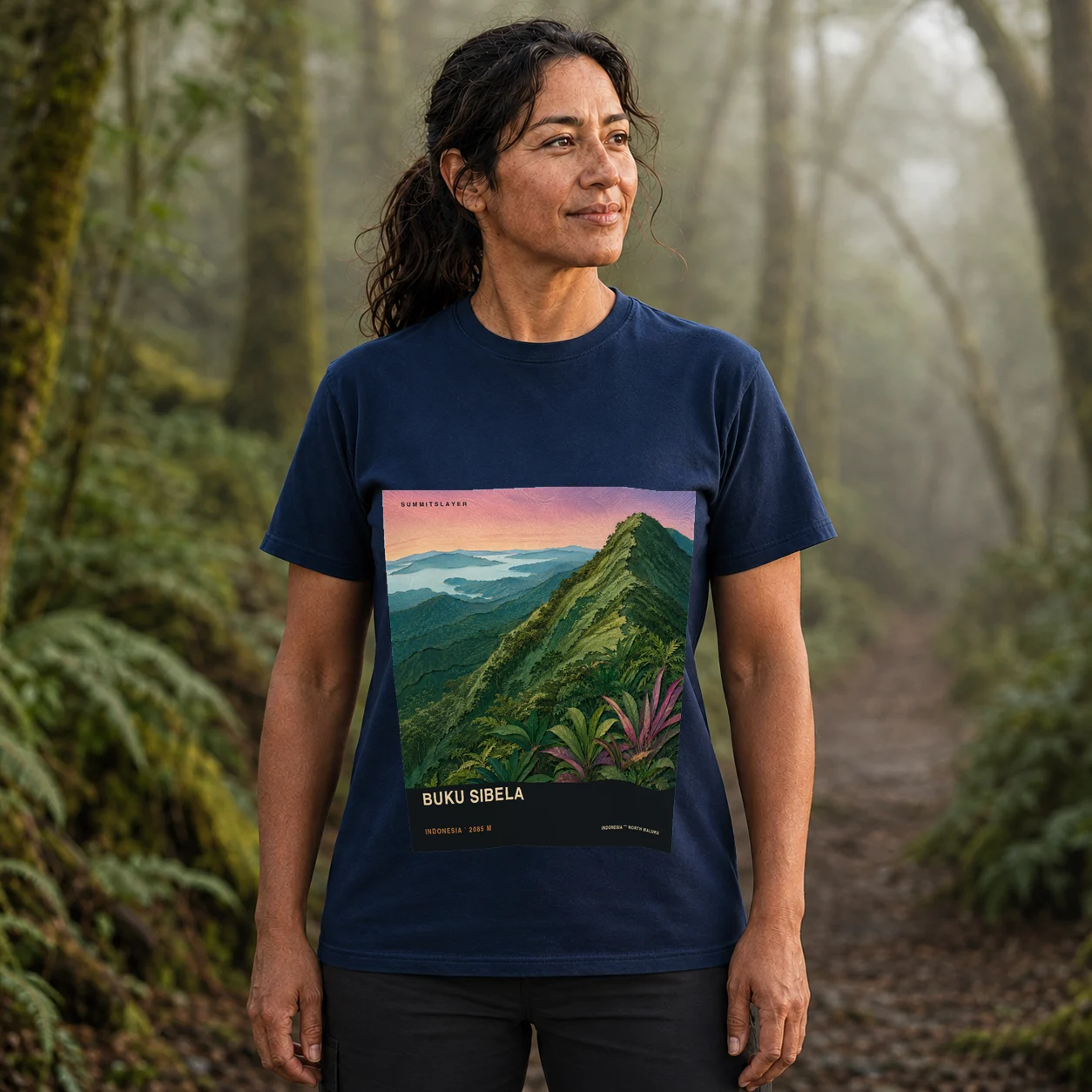 Navy Gunung Bukusibela T-shirt front with mountain artwork
