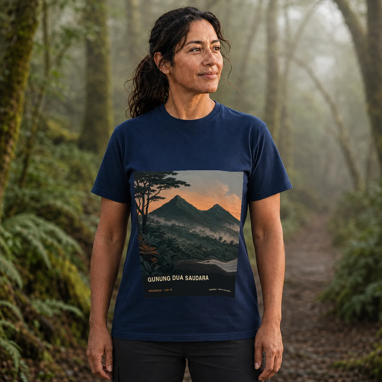 Navy Gunung Duasaudara T-shirt front with mountain artwork