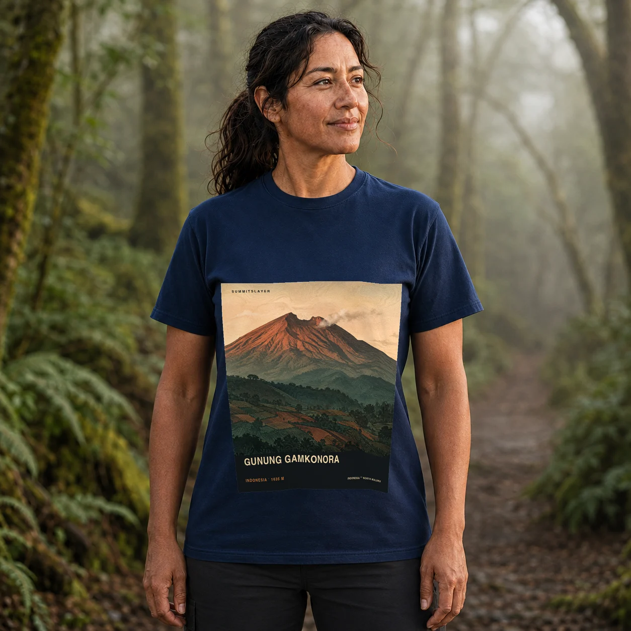 Navy Gunung Gamkonora T-shirt front with mountain artwork