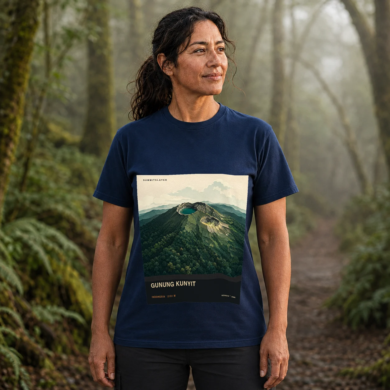 Navy Gunung Kunyit T-shirt front with mountain artwork