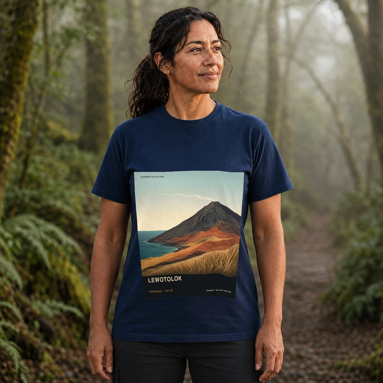 Navy Ile Ape T-shirt front with mountain artwork