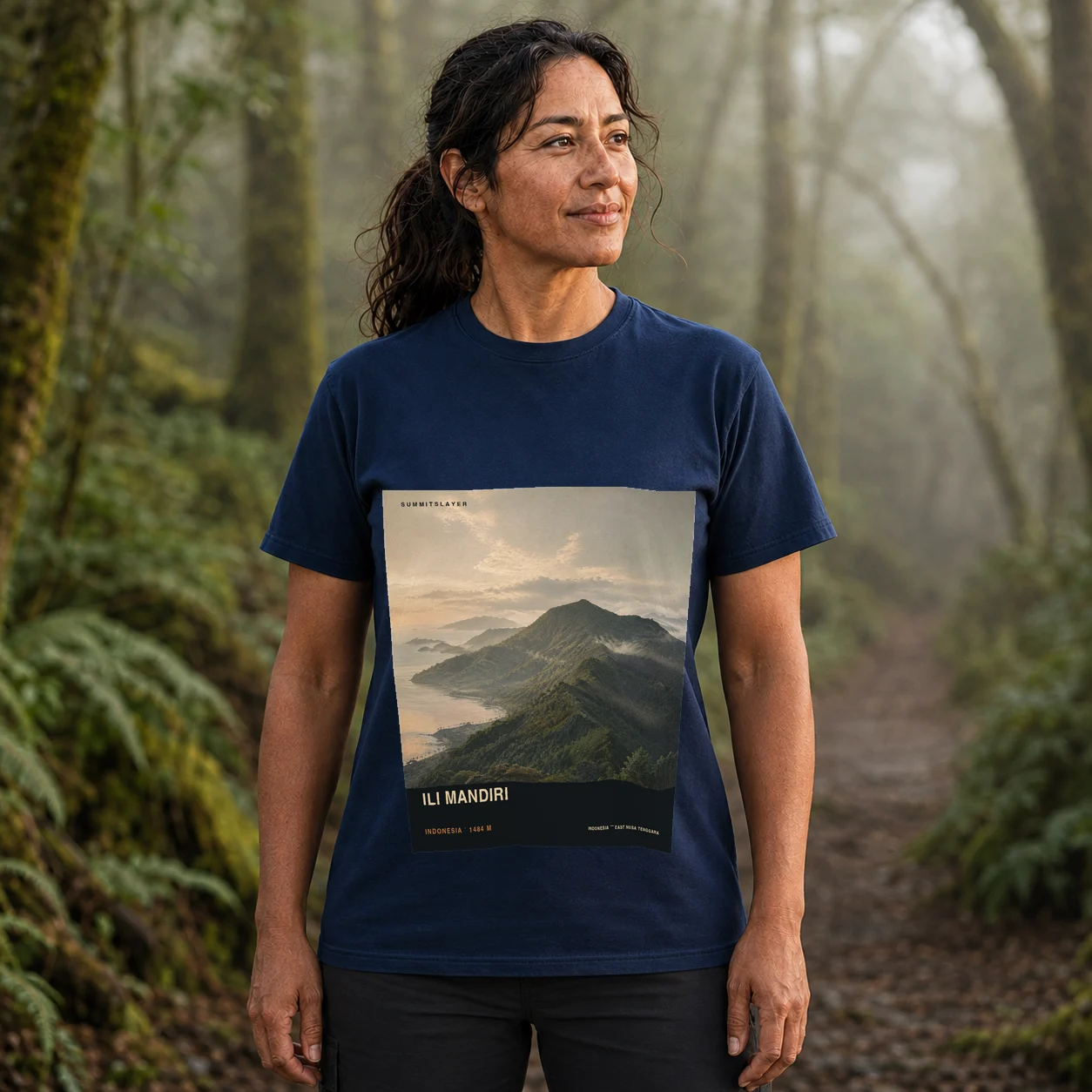 Navy Ile Mandiri T-shirt front with mountain artwork