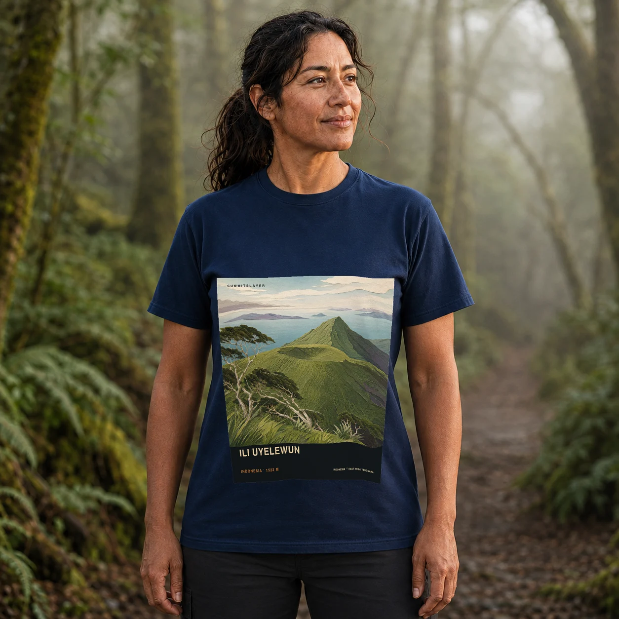 Navy Ile Ujelewungkedang T-shirt front with mountain artwork