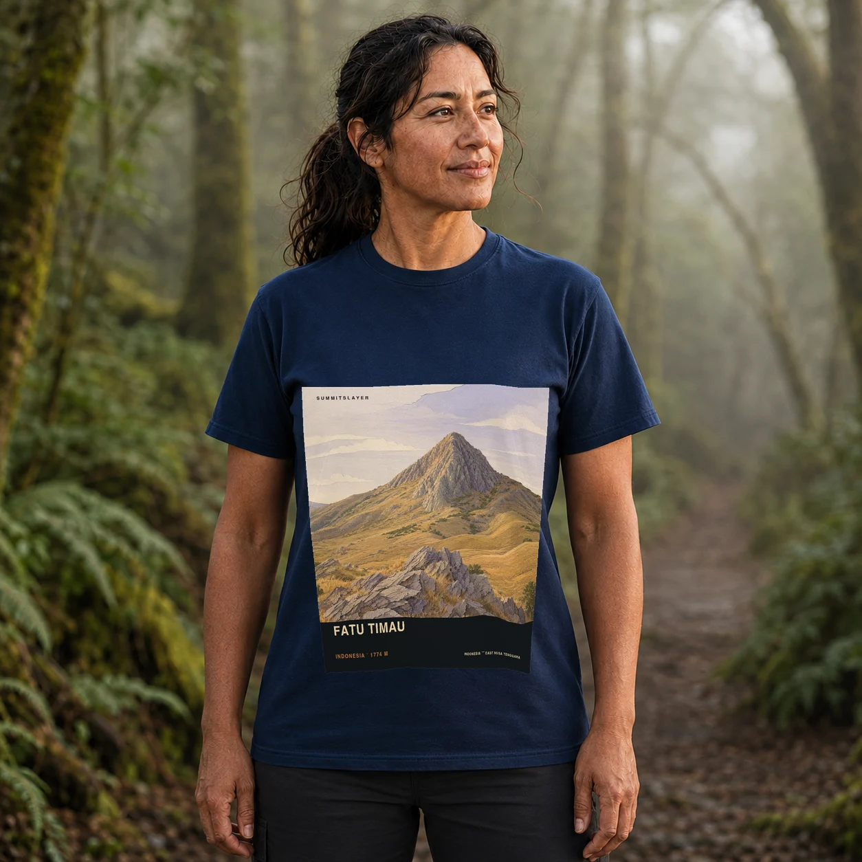 Navy Nuaf Timau T-shirt front with mountain artwork