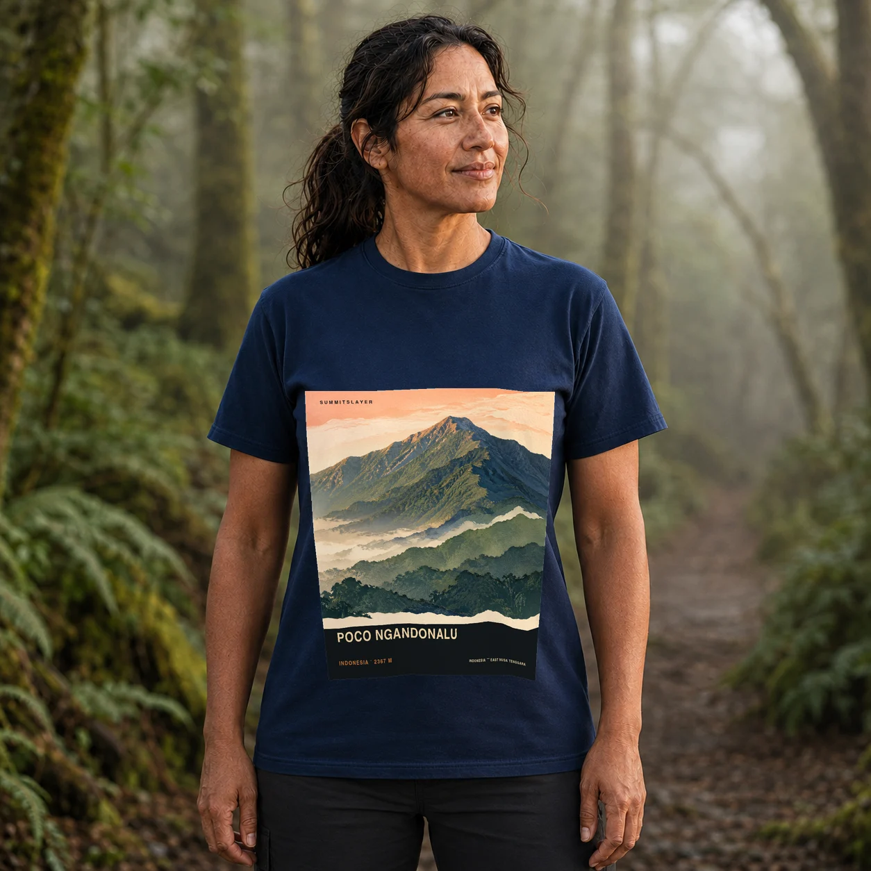 Navy Poco Ngandonalu T-shirt front with mountain artwork