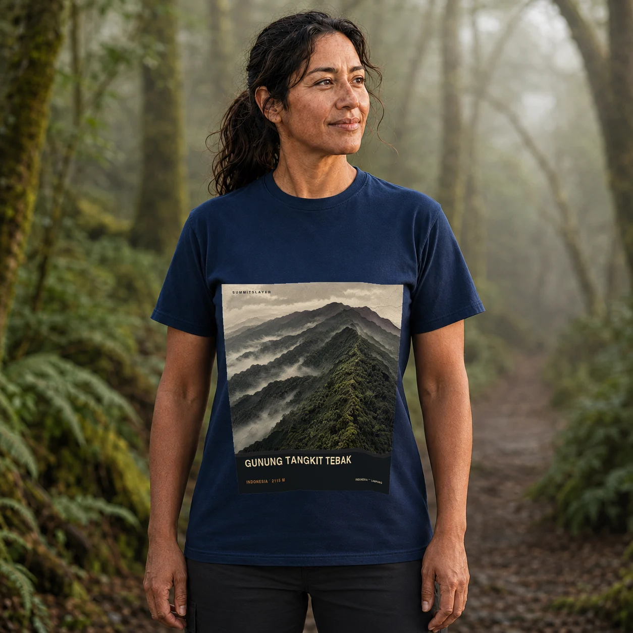 Navy Tangkit Tebak T-shirt front with mountain artwork