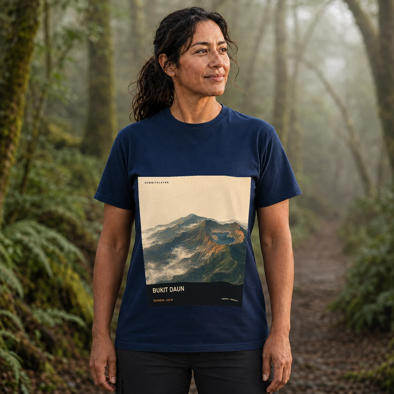 Navy Gunung Hulupaik T-shirt front with mountain artwork