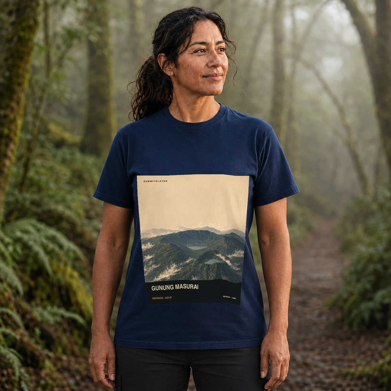 Navy Gunung Masurai T-shirt front with mountain artwork