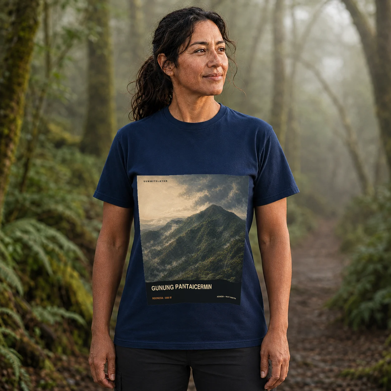 Navy Gunung Pantaicarmin T-shirt front with mountain artwork