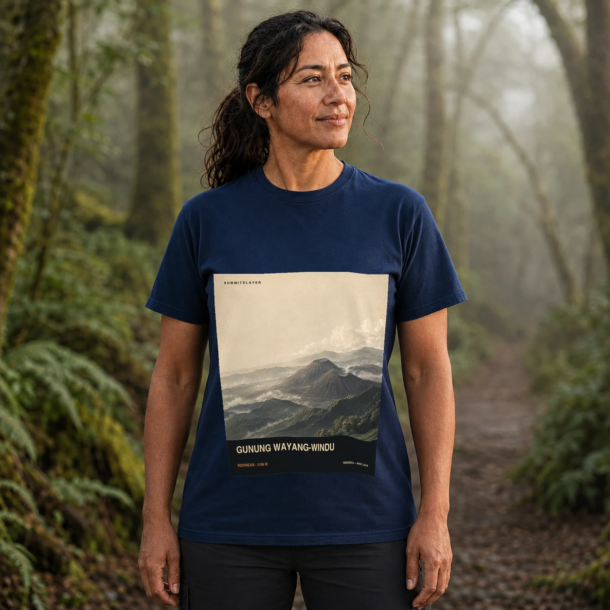 Navy Gunung Wayang-Windu T-shirt front with mountain artwork