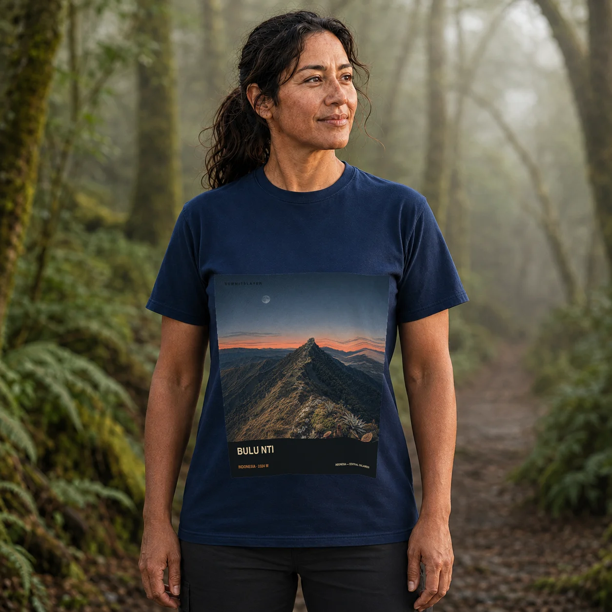 Navy Bulu Nti T-shirt front with mountain artwork