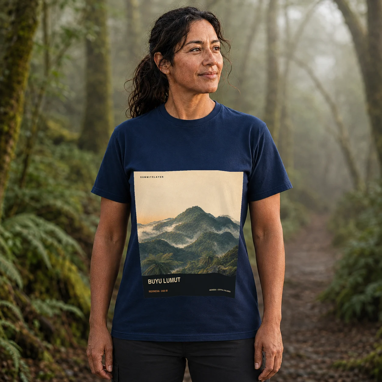 Navy Buyu Lumut T-shirt front with mountain artwork