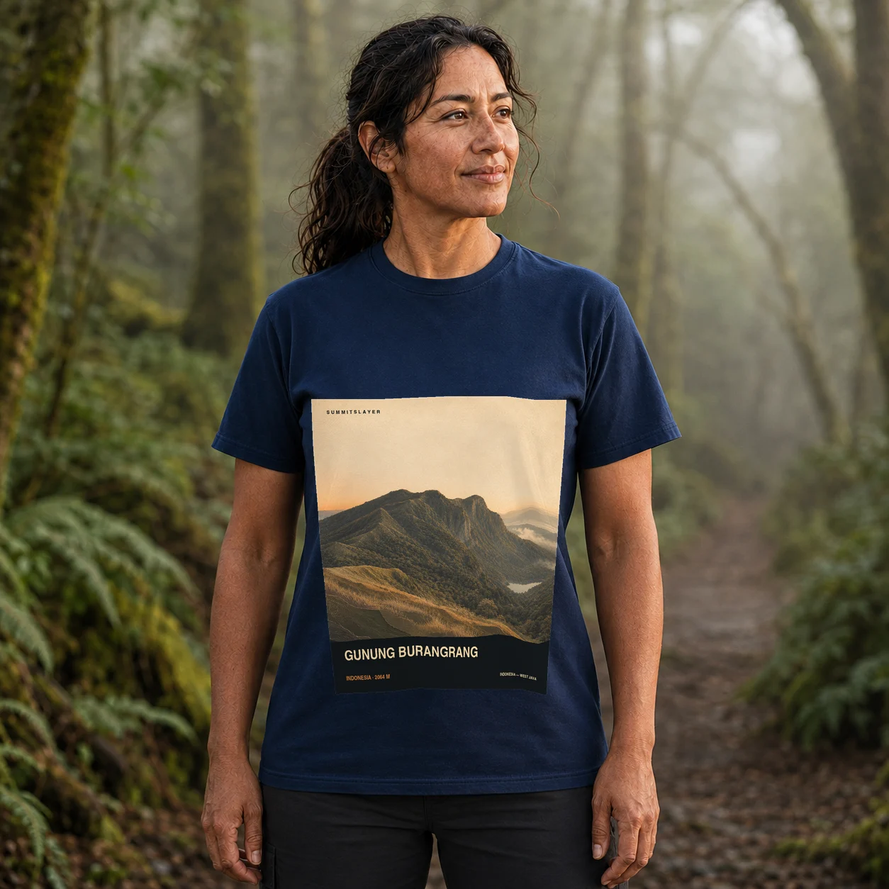 Navy Gunung Burangrang T-shirt front with mountain artwork