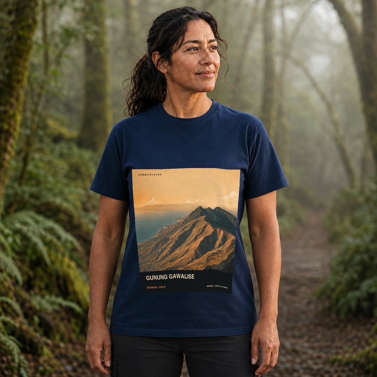 Navy Gunung Gawalise T-shirt front with mountain artwork