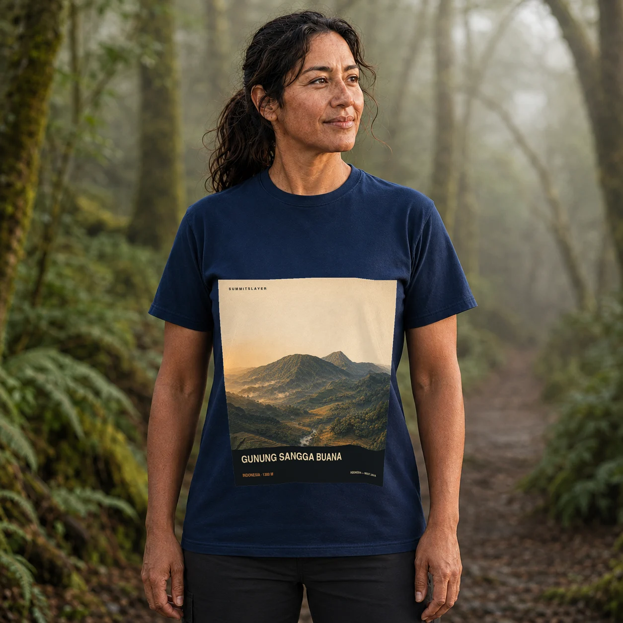 Navy Gunung Sangga Buana T-shirt front with mountain artwork