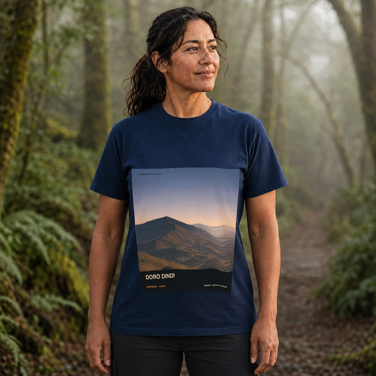 Navy Doro Lambuwu T-shirt front with mountain artwork