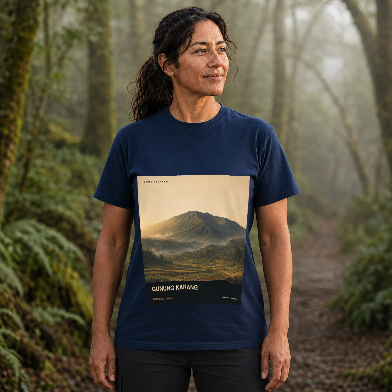 Navy Gunung Karang T-shirt front with mountain artwork
