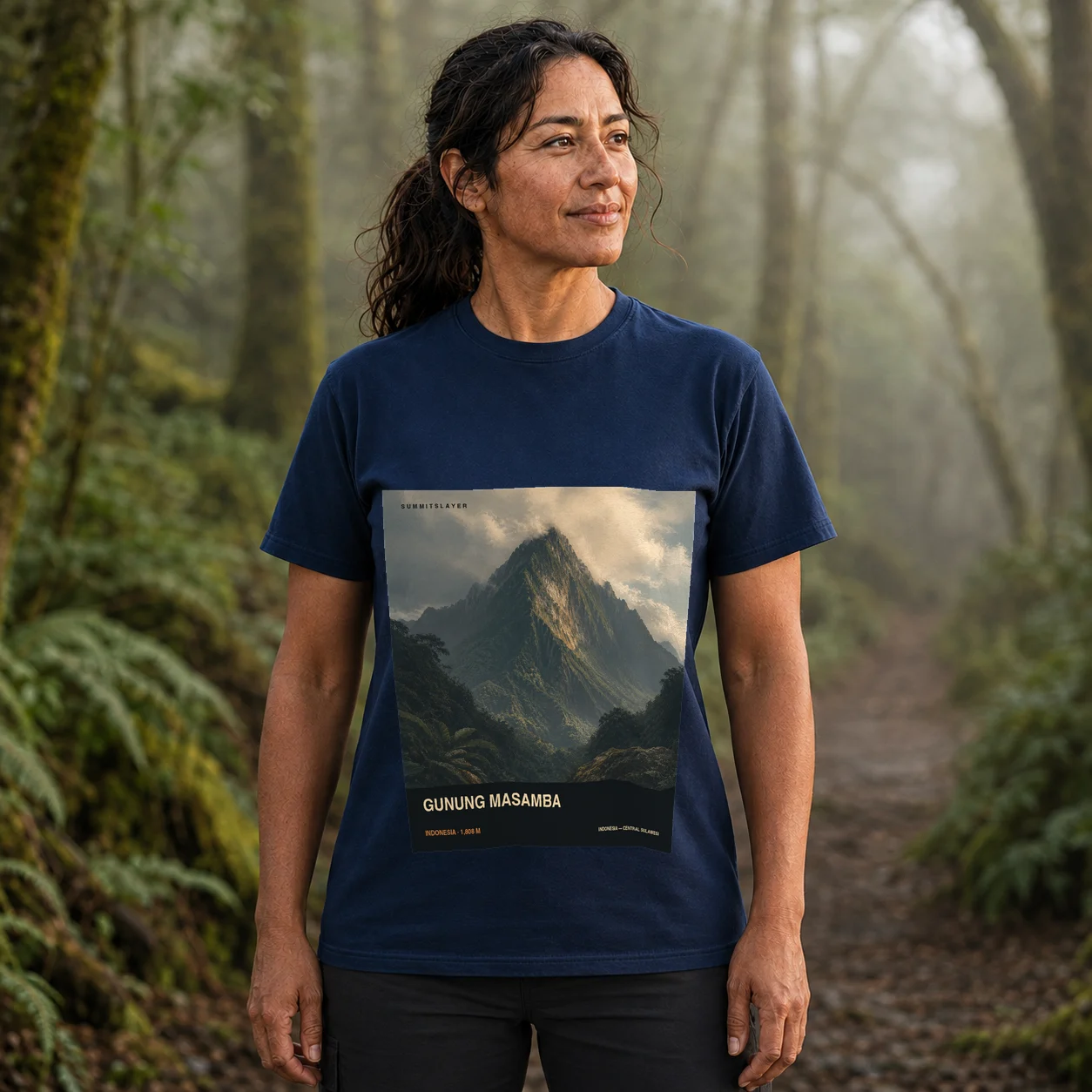 Navy Gunung Masamba T-shirt front with mountain artwork