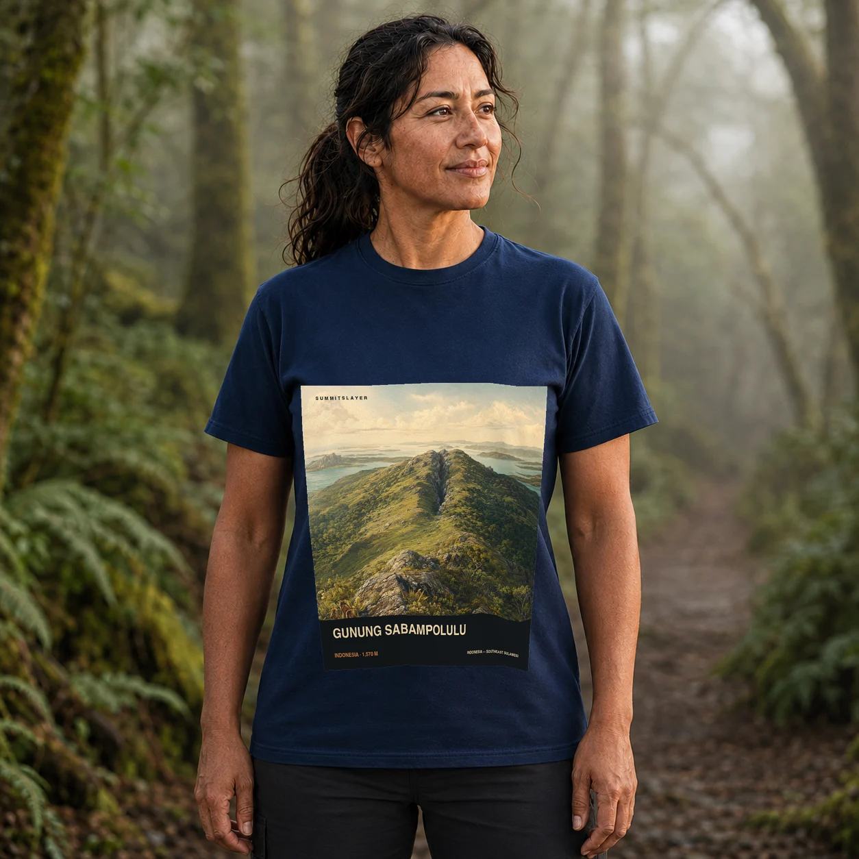 Navy Gunung Sabampolulu T-shirt front with mountain artwork