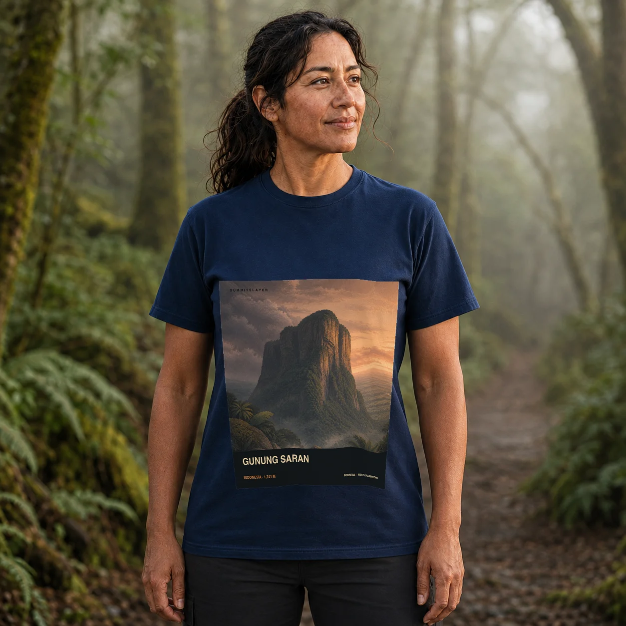 Navy Gunung Saran T-shirt front with mountain artwork