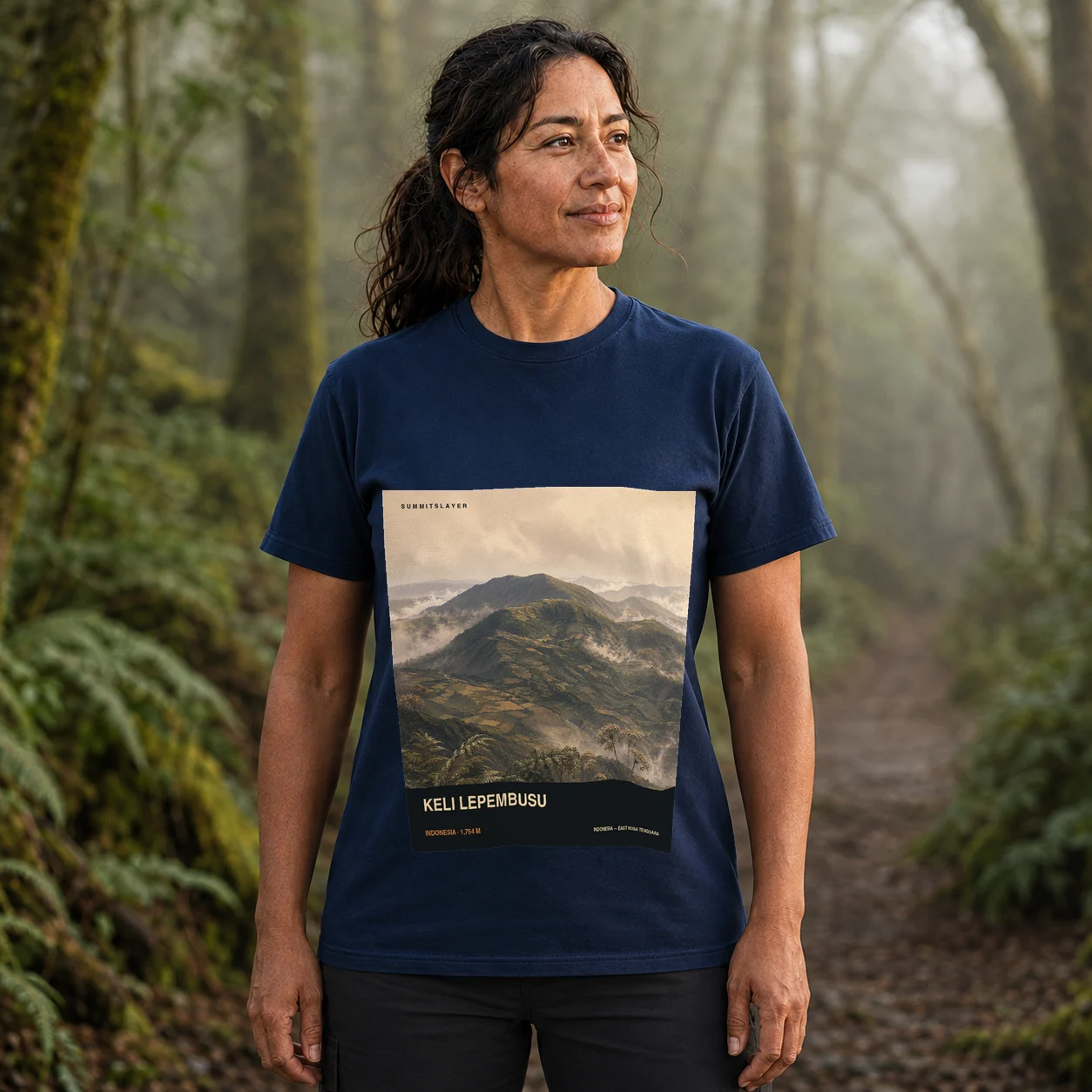 Navy Keli Lepembusu T-shirt front with mountain artwork