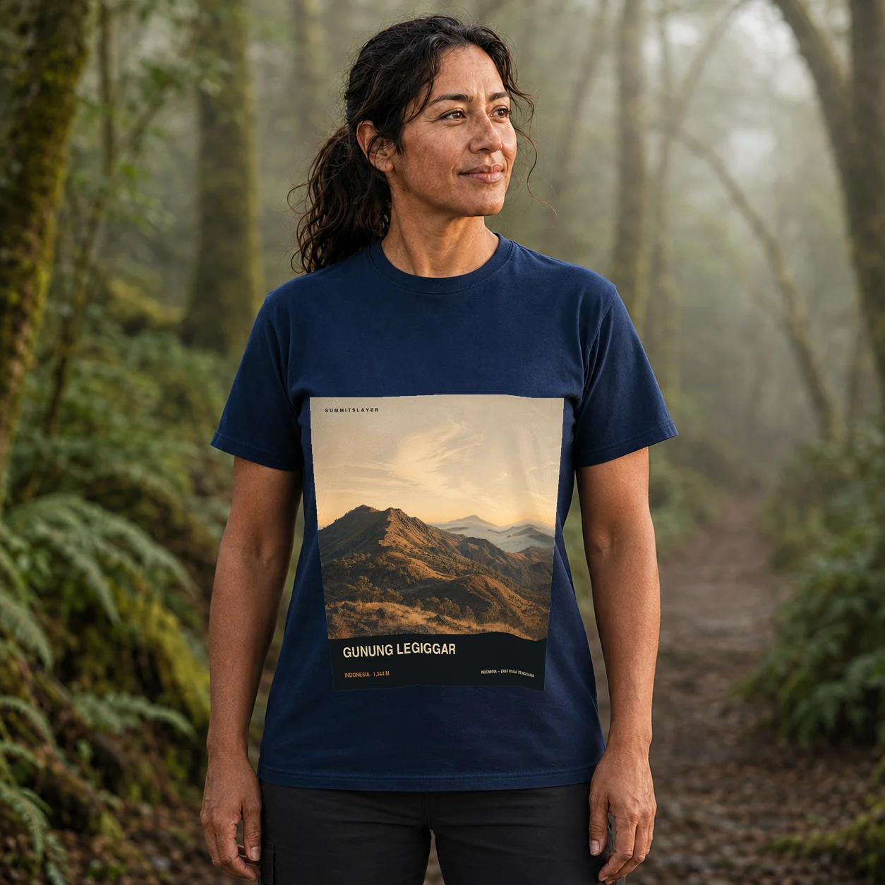Navy Kukka Taupekki T-shirt front with mountain artwork
