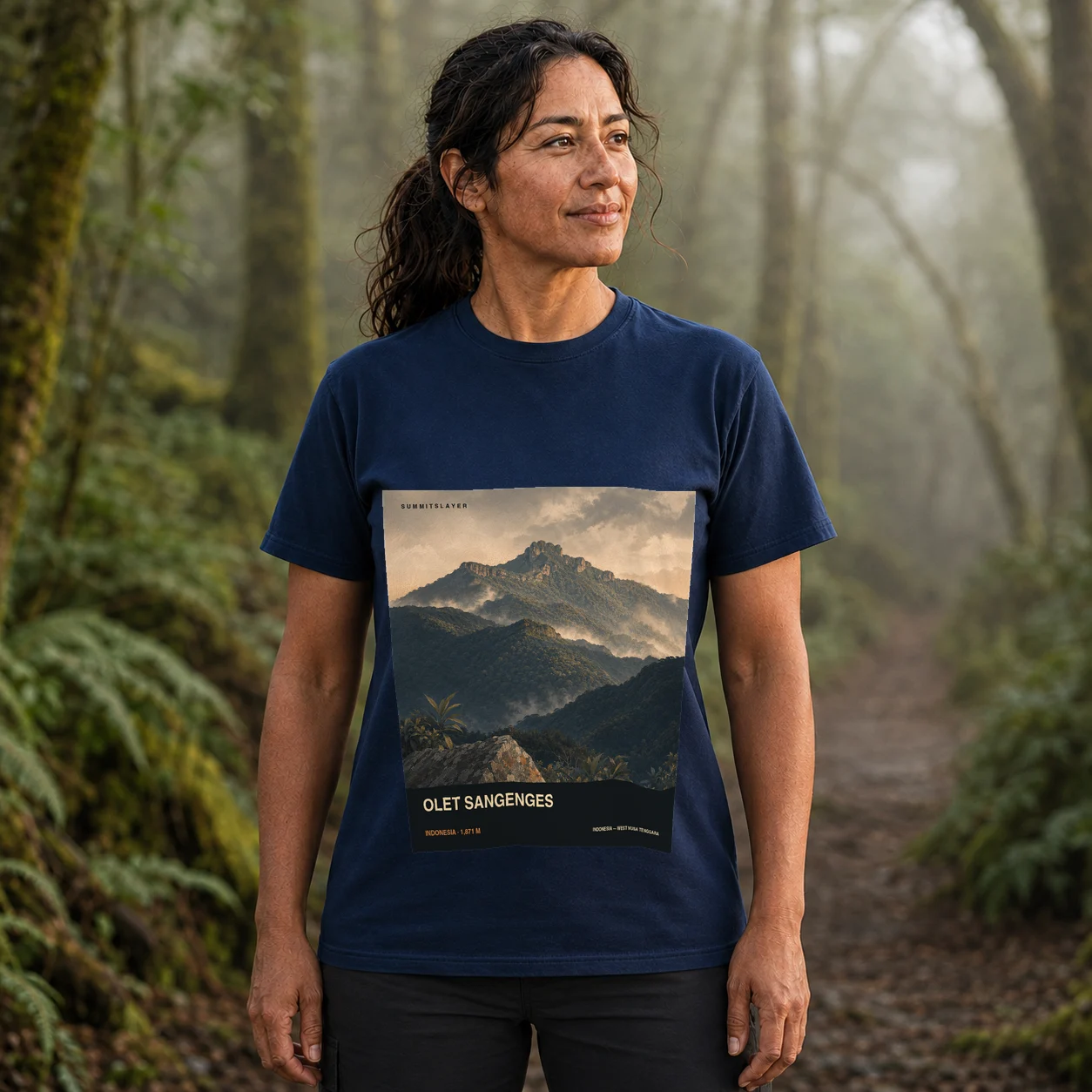 Navy Olat Pamantuasu T-shirt front with mountain artwork