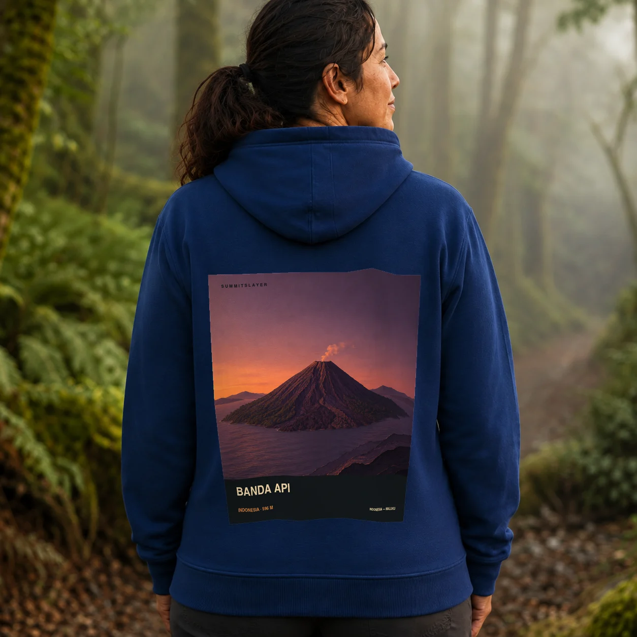 Navy Banda Api hoodie back with large mountain artwork