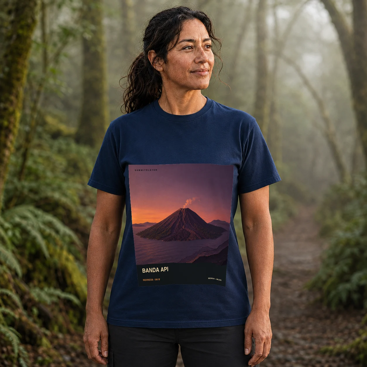Navy Banda Api T-shirt front with mountain artwork