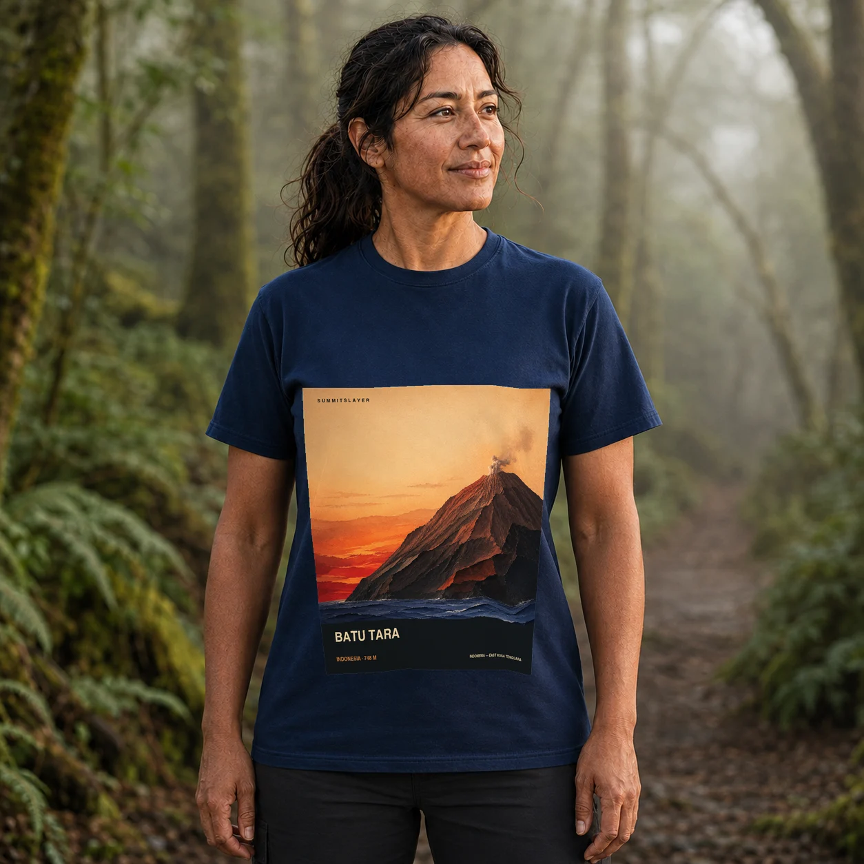 Navy Batu Tara T-shirt front with mountain artwork