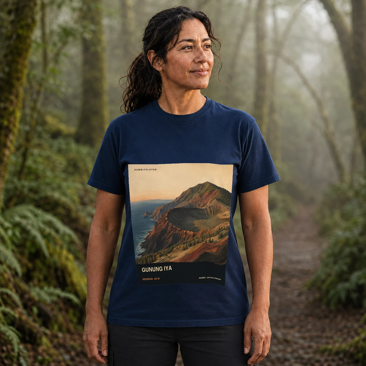 Navy Gunung Iya T-shirt front with mountain artwork
