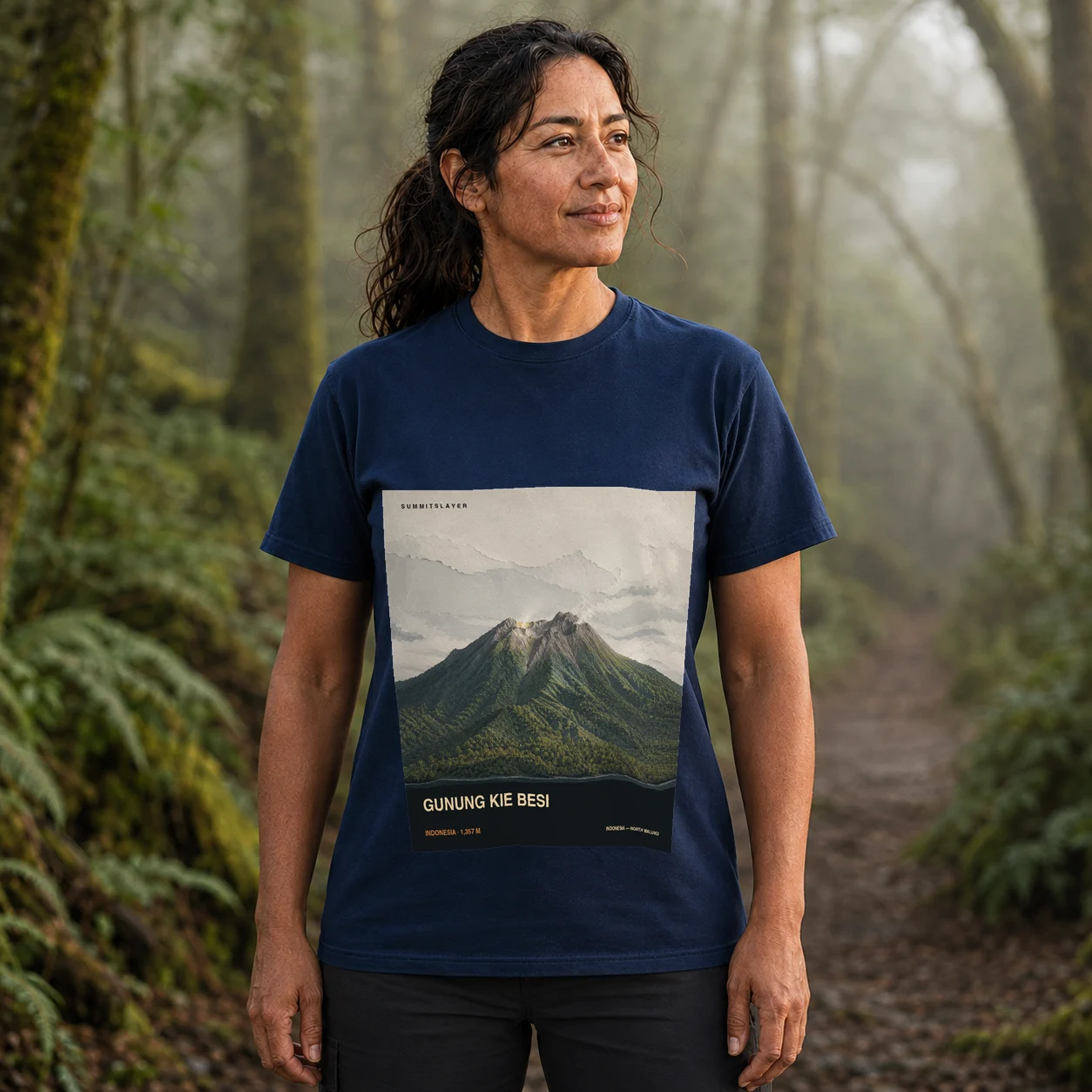 Navy Gunung Powate T-shirt front with mountain artwork