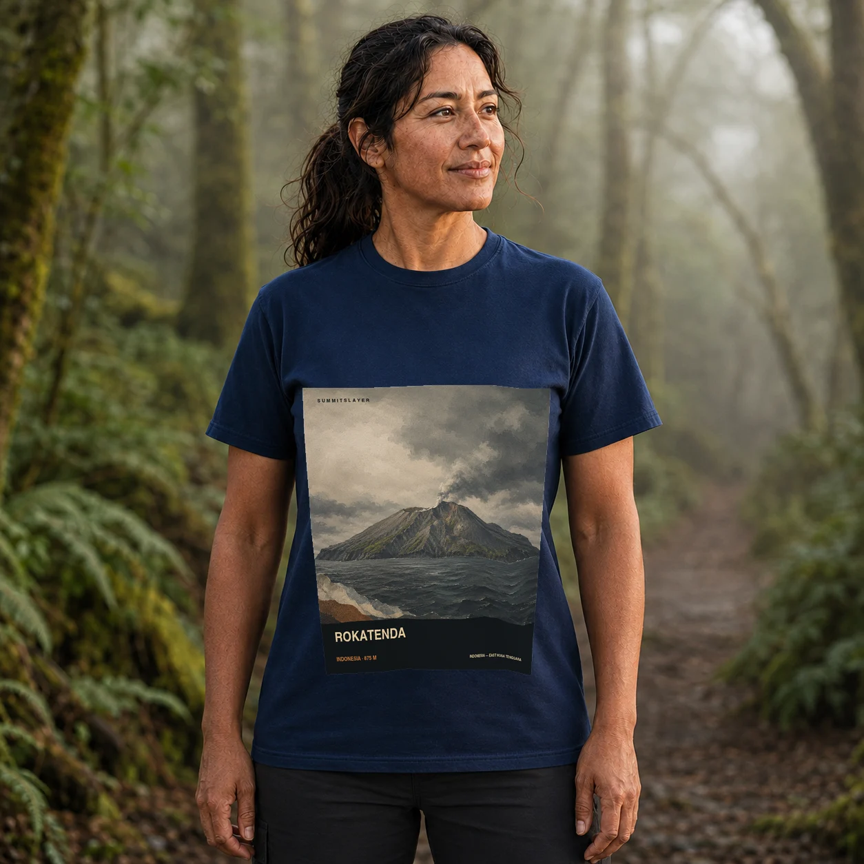 Navy Rokatenda T-shirt front with mountain artwork