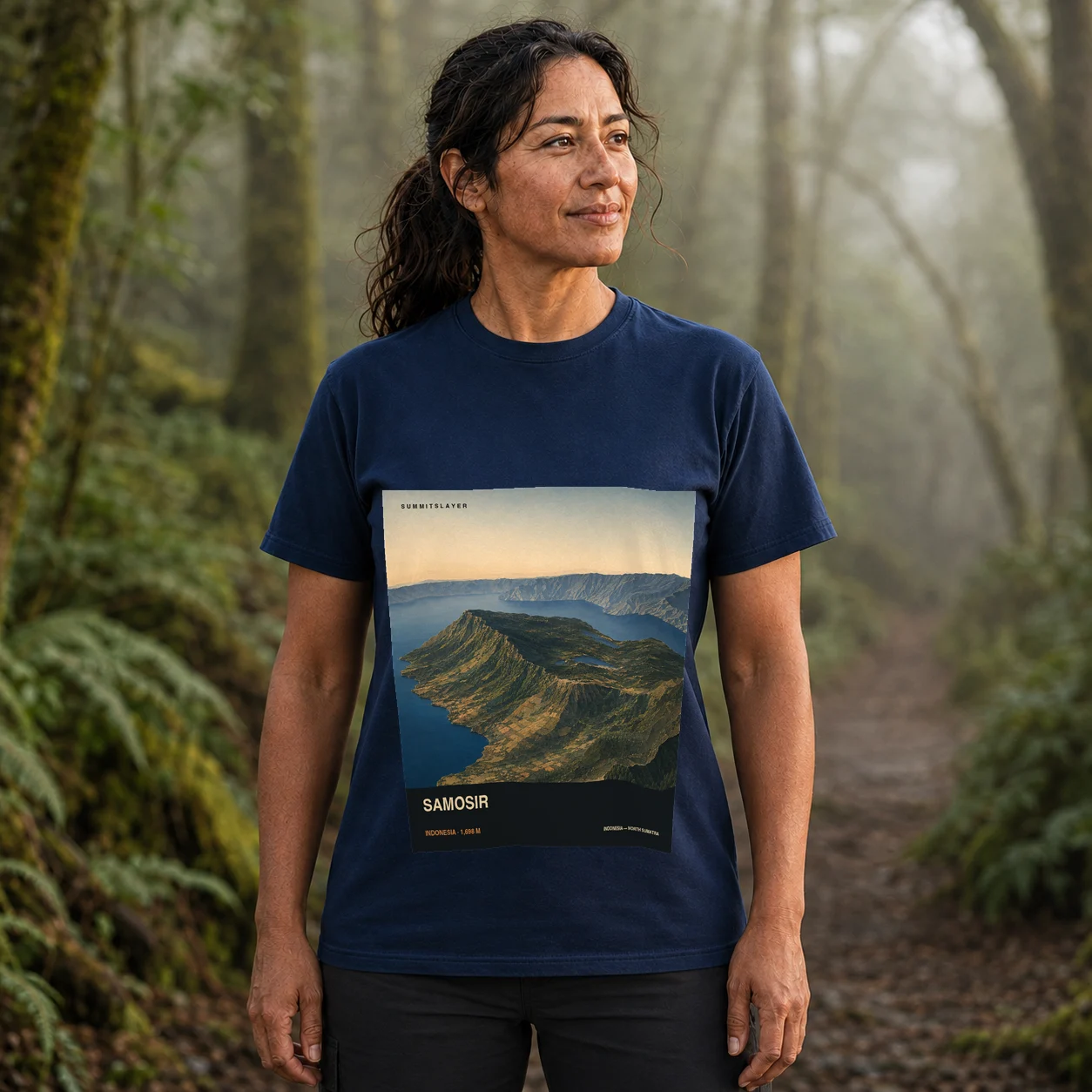 Navy Samosir T-shirt front with mountain artwork
