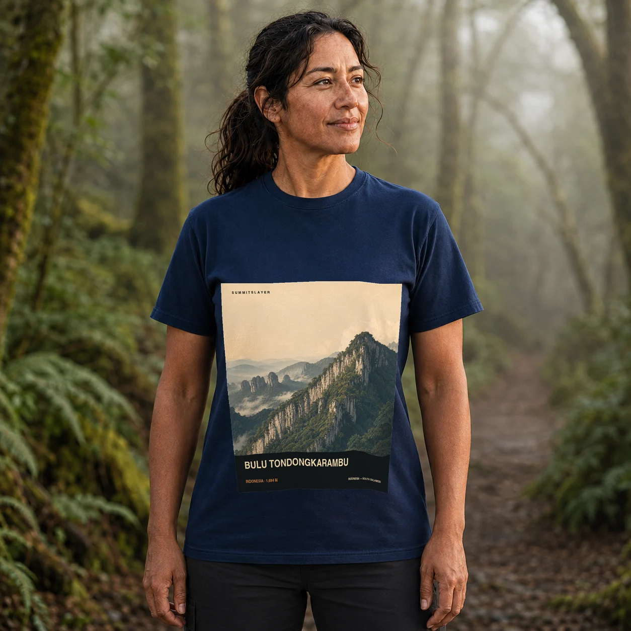 Navy Bulu Tonggongkarambu T-shirt front with mountain artwork