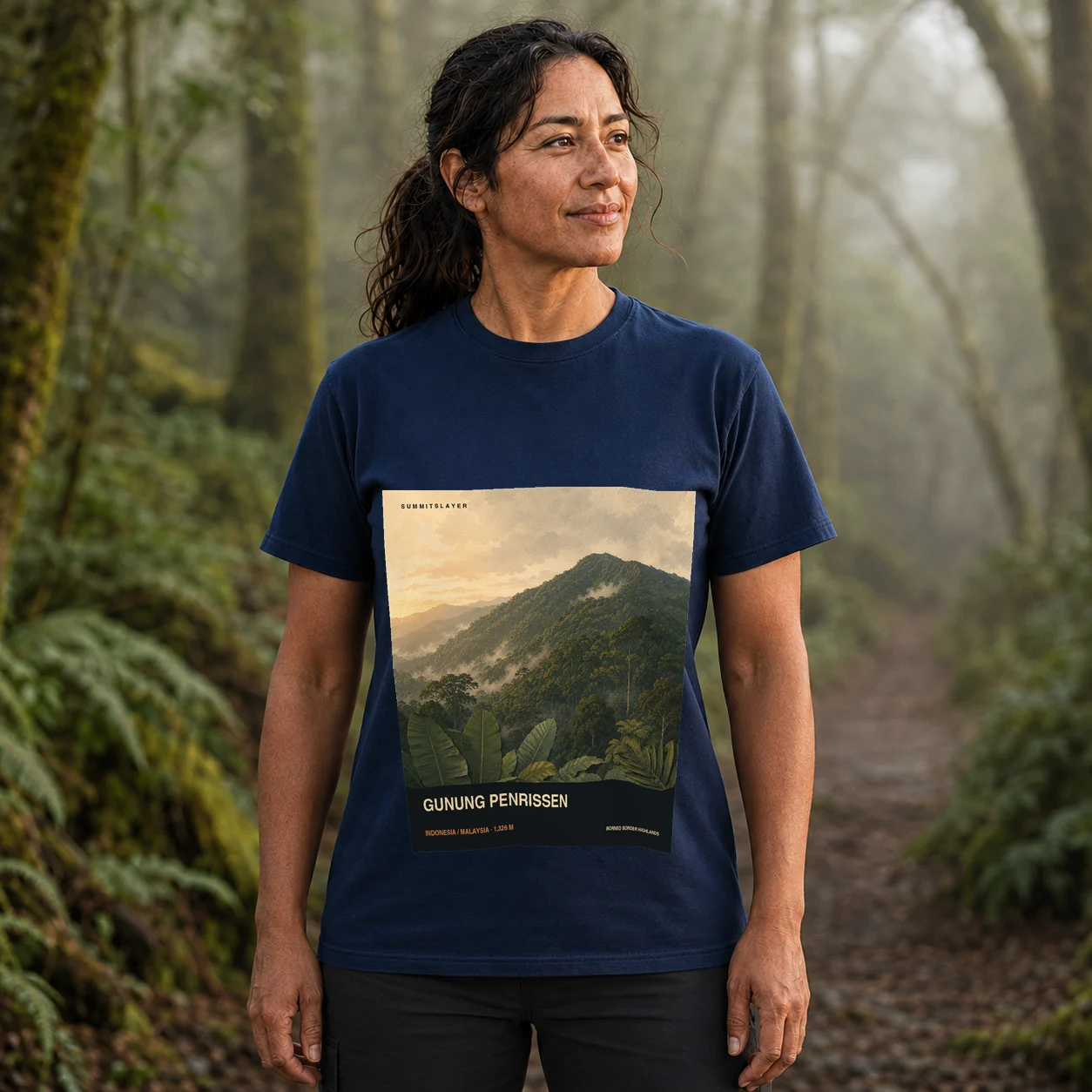 Navy Gunung Penrissen T-shirt front with mountain artwork