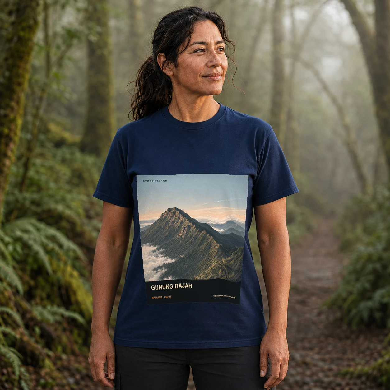 Navy Mount Rajah T-shirt front with mountain artwork
