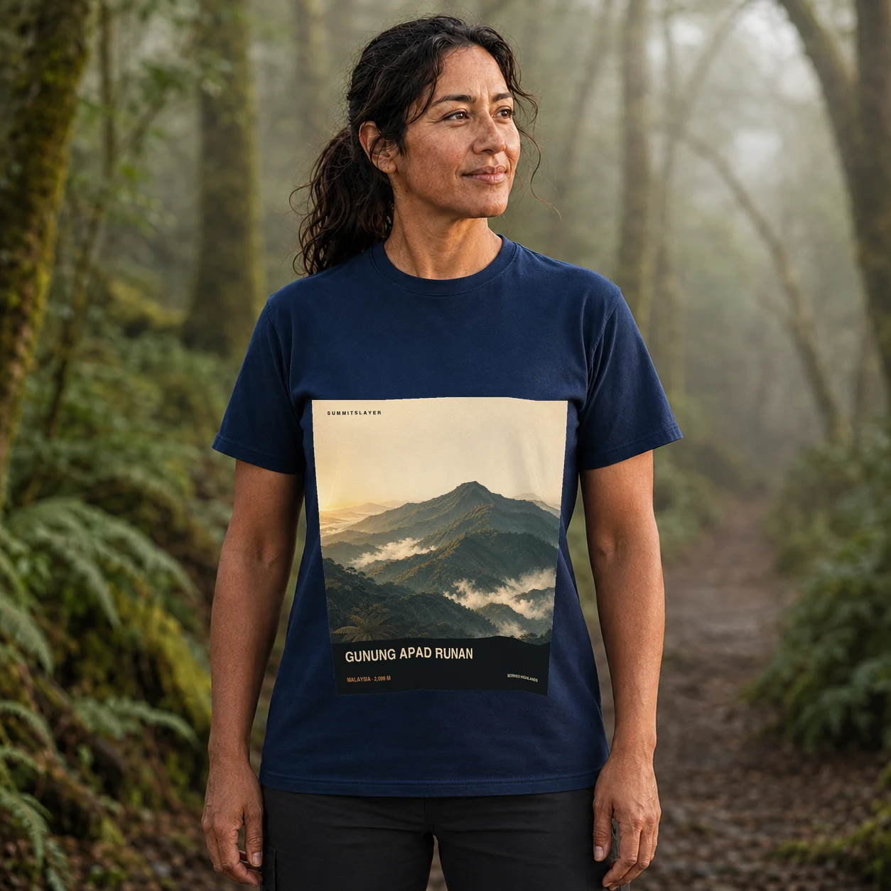 Navy Mount Apad Runan T-shirt front with mountain artwork