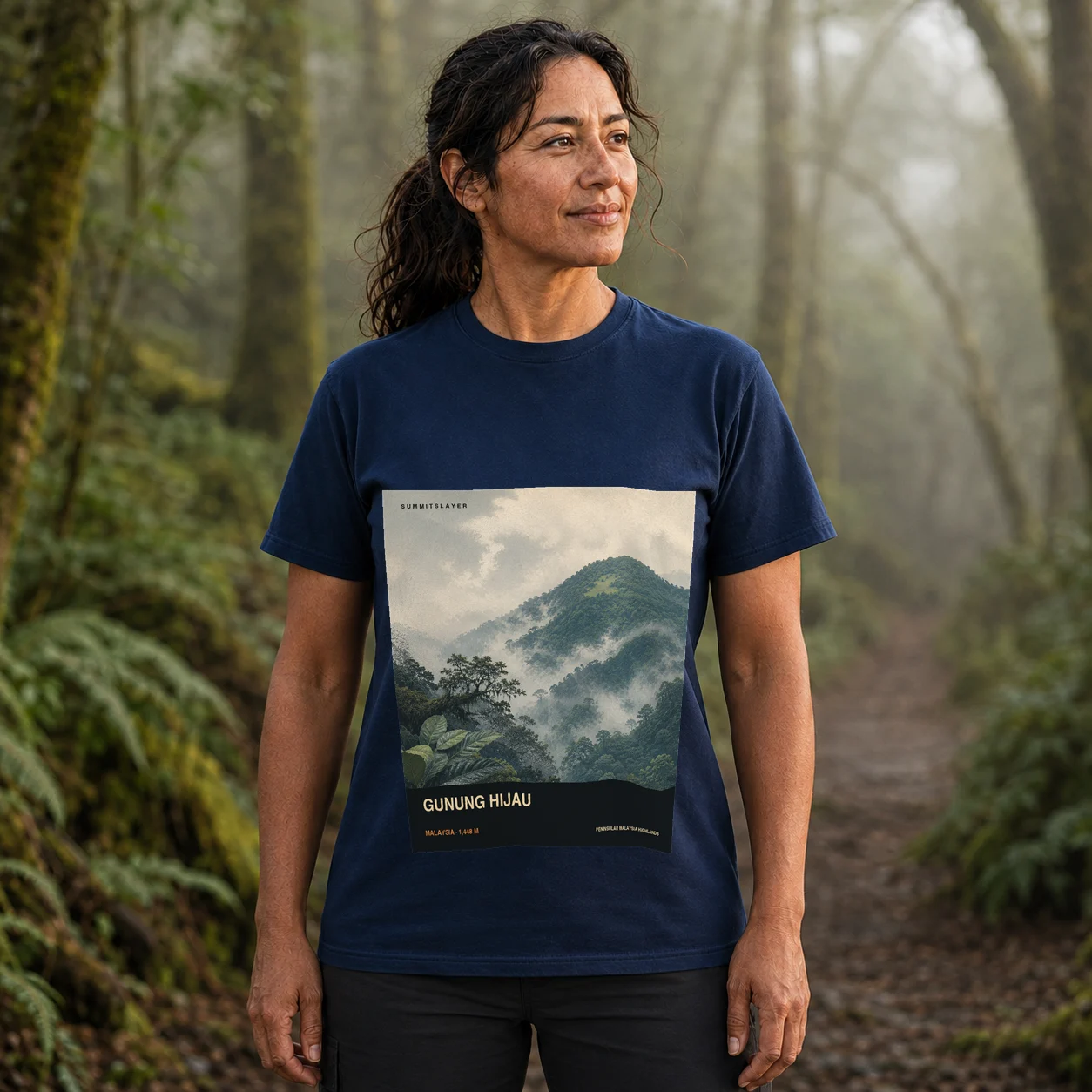 Navy Mount Hijau T-shirt front with mountain artwork